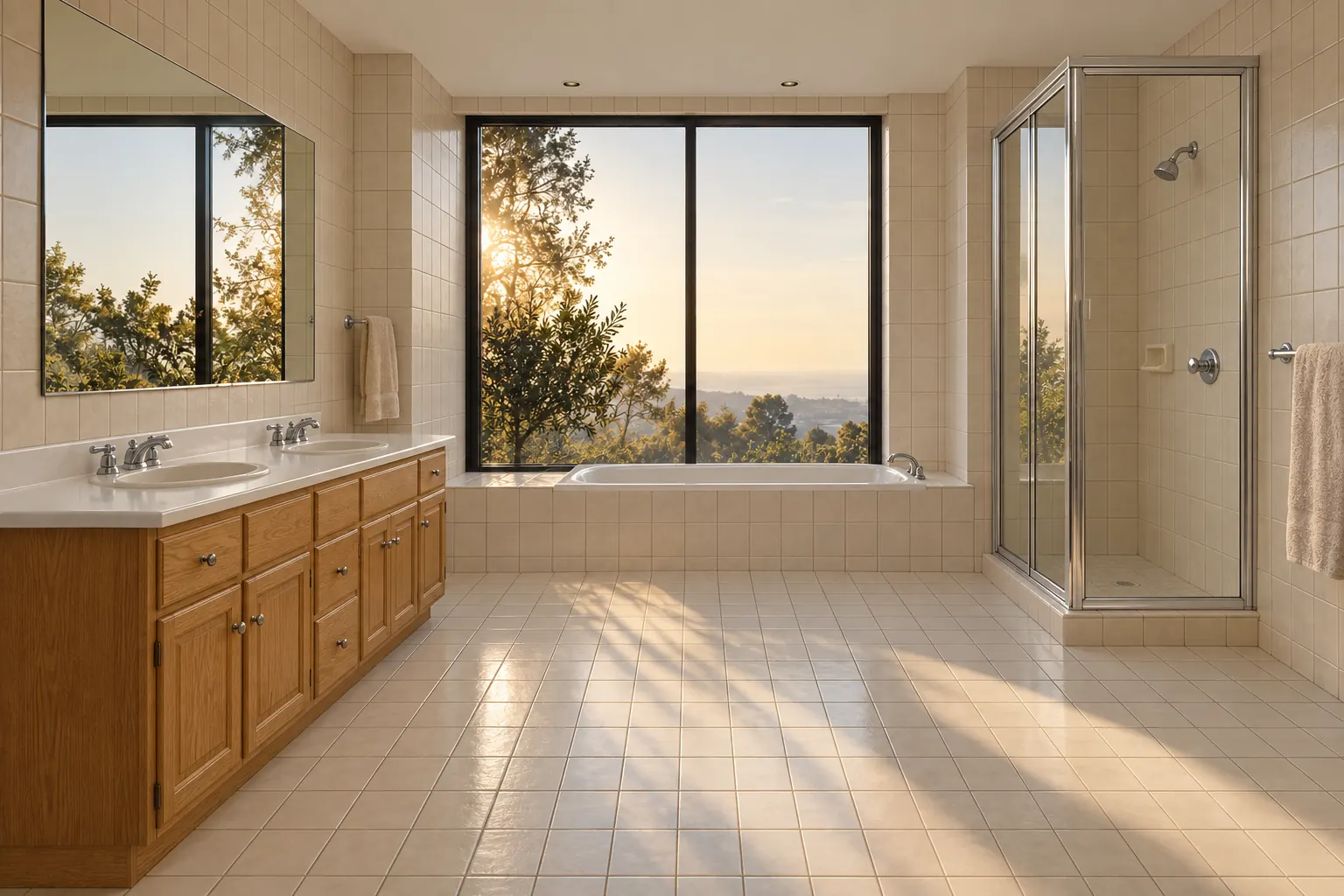 AI concept of the room with oak cabinetry, beige square tile, and a built-in bathtub