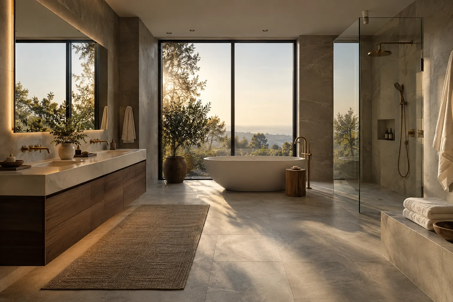 Illustrative bathroom concept with a walnut vanity, freestanding tub, and glass shower
