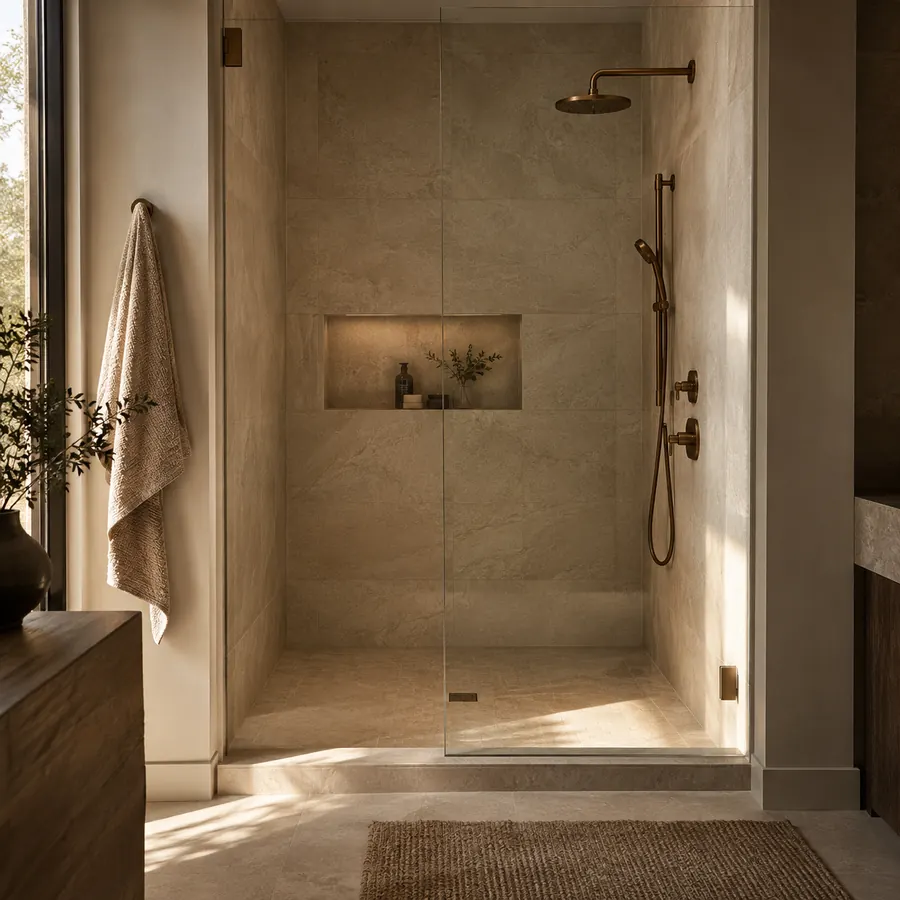 AI design concept of a former bathtub alcove fitted with a glass walk-in shower