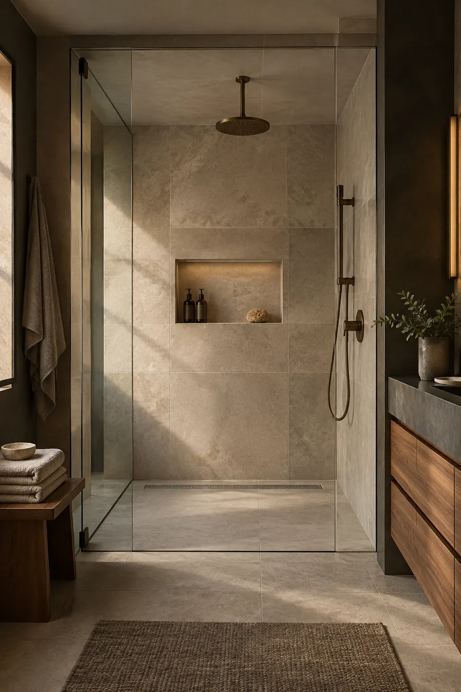 Glass shower design concept with limestone walls and bronze fixtures