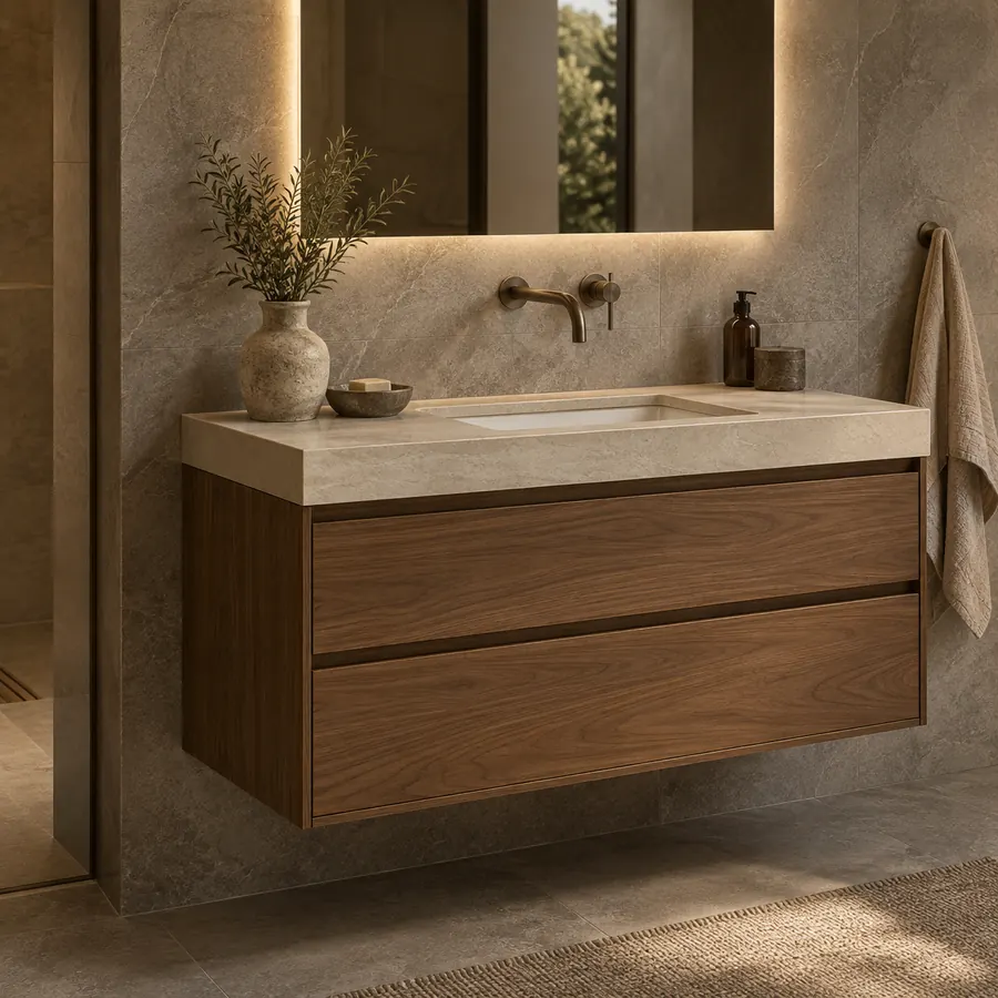 AI design concept of a walnut vanity with a stone basin countertop and bronze fixtures