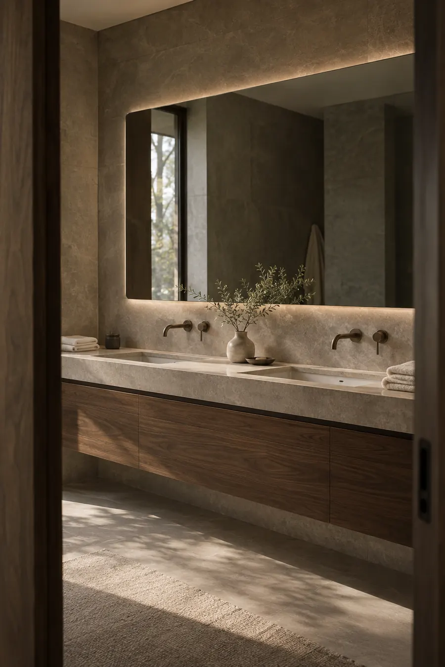 Illustrative walnut vanity with stone countertop and softly lit mirror